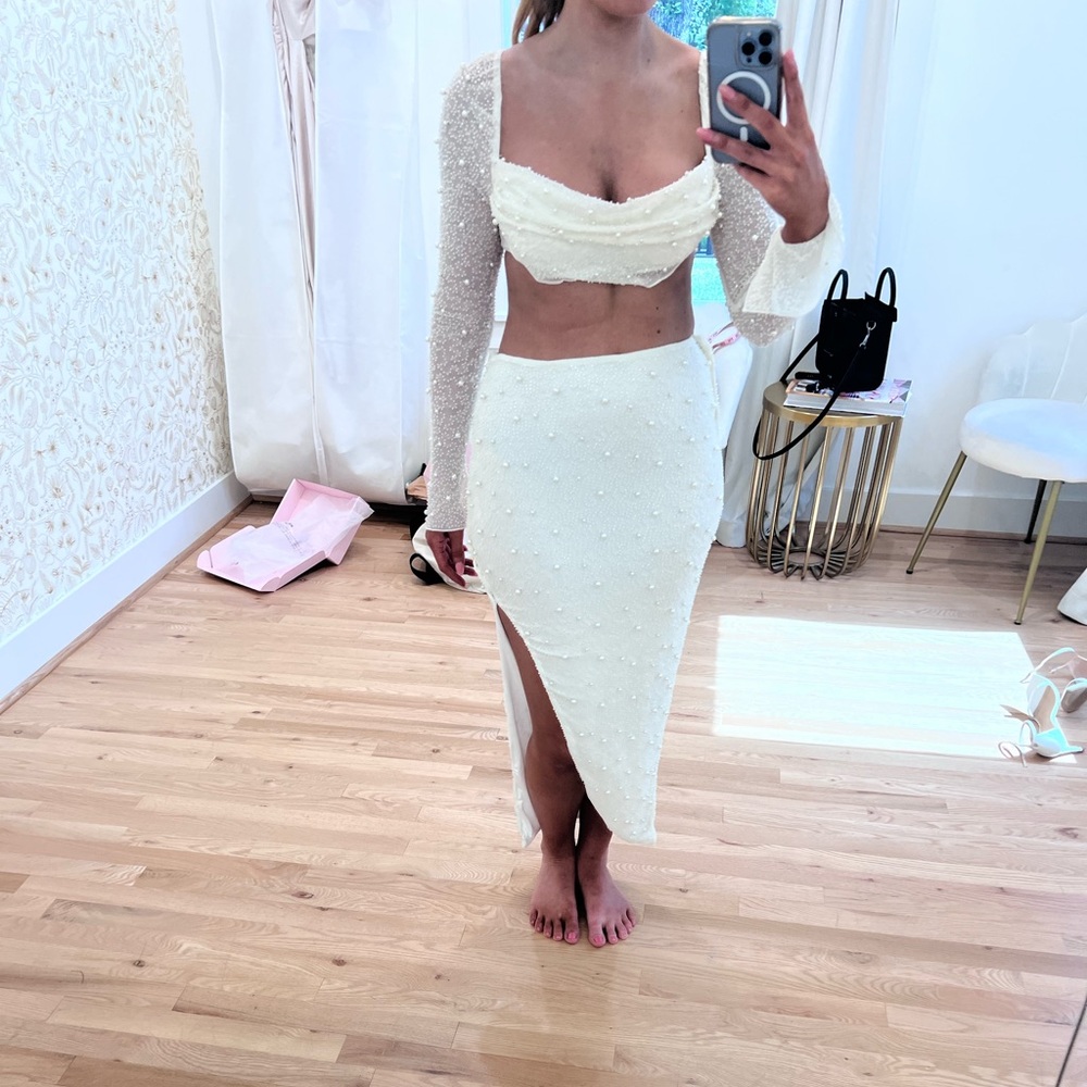 Oh Polly 2 piece - Pearl-Embellished cream crop and Midi Skirt